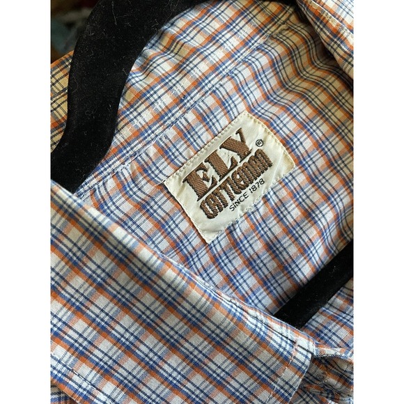 Vintage Ely Cattleman Blue White Orange Plaid Western Pearl Snap Shirt - Picture 3 of 4